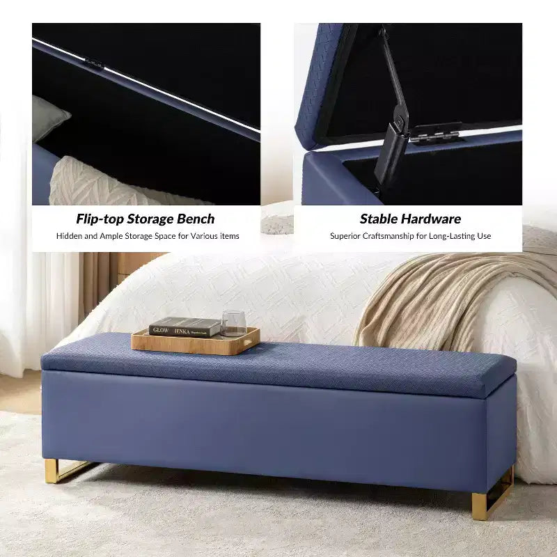 Banc de rangement avec deux poufs et motifs tressés en losanges