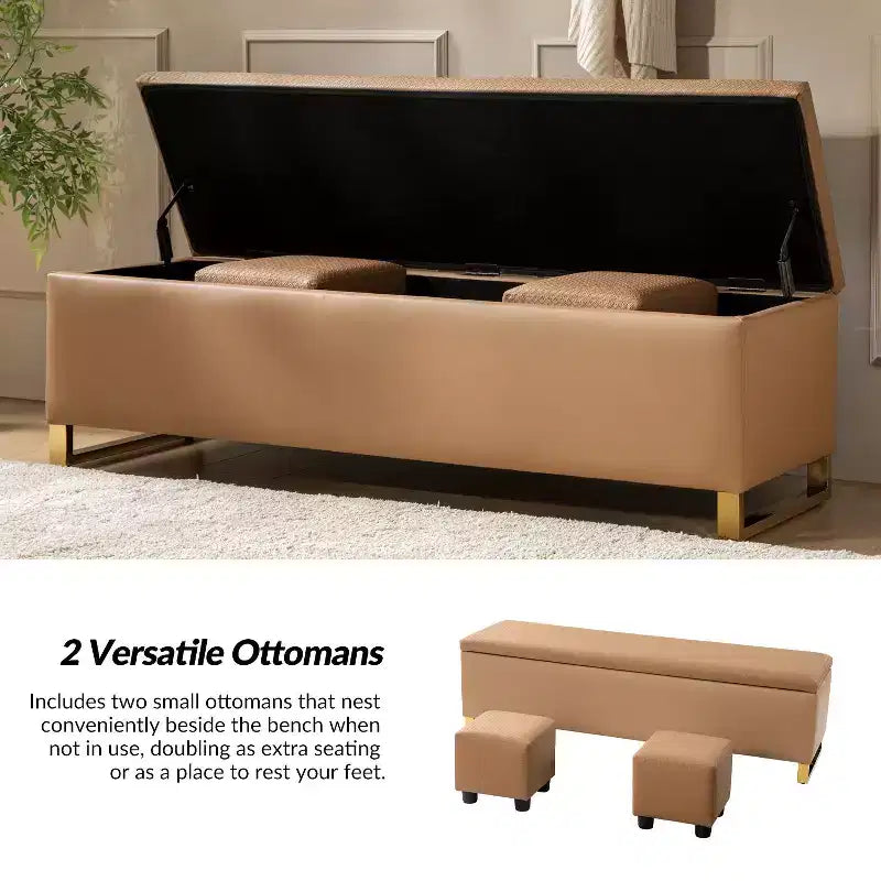 Banc de rangement avec deux poufs et motifs tressés en losanges
