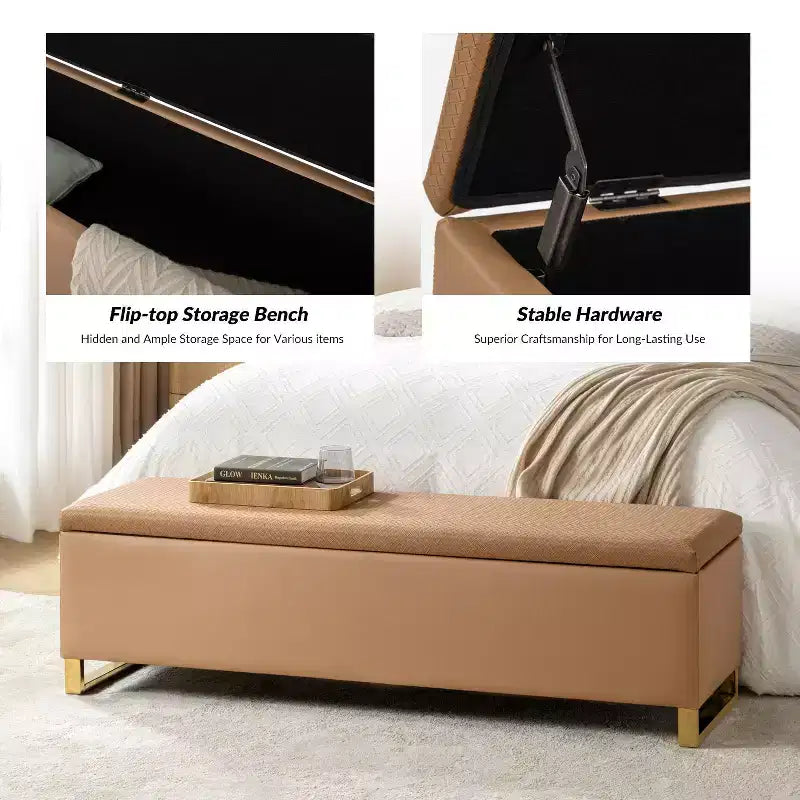 Banc de rangement avec deux poufs et motifs tressés en losanges