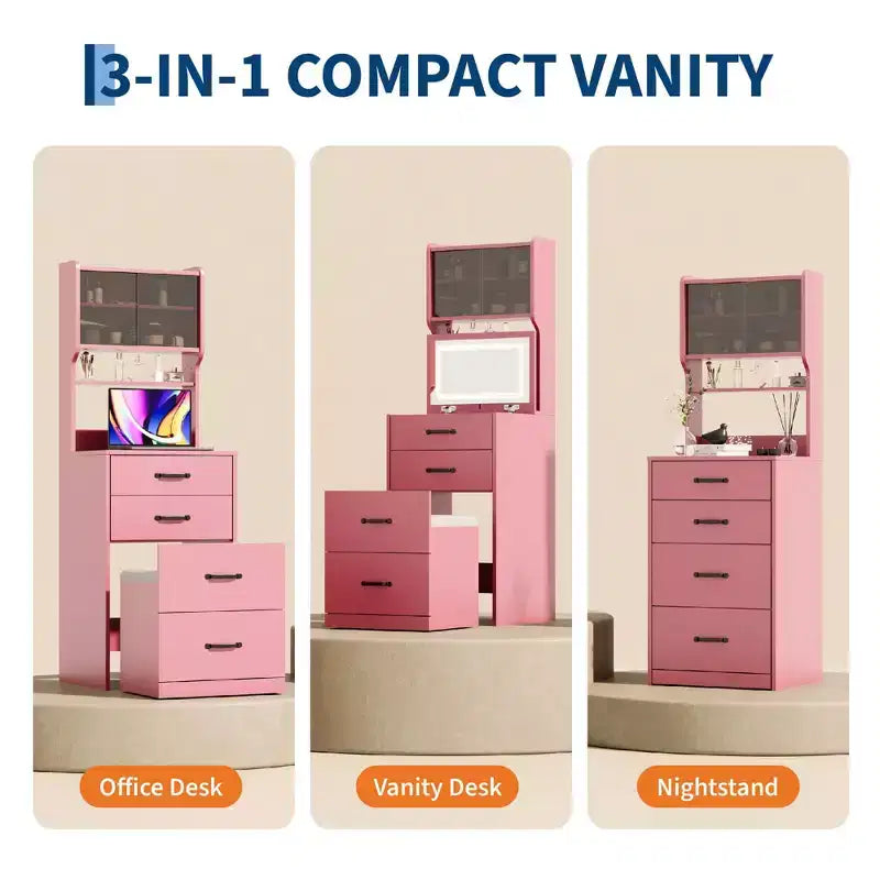 3-in-1 Vanity Desk, Compact Makeup Vanity Set , Dressing Table, Nightstand Vanity Mirror, Jewelry Box, Cushioned Hidden Chair