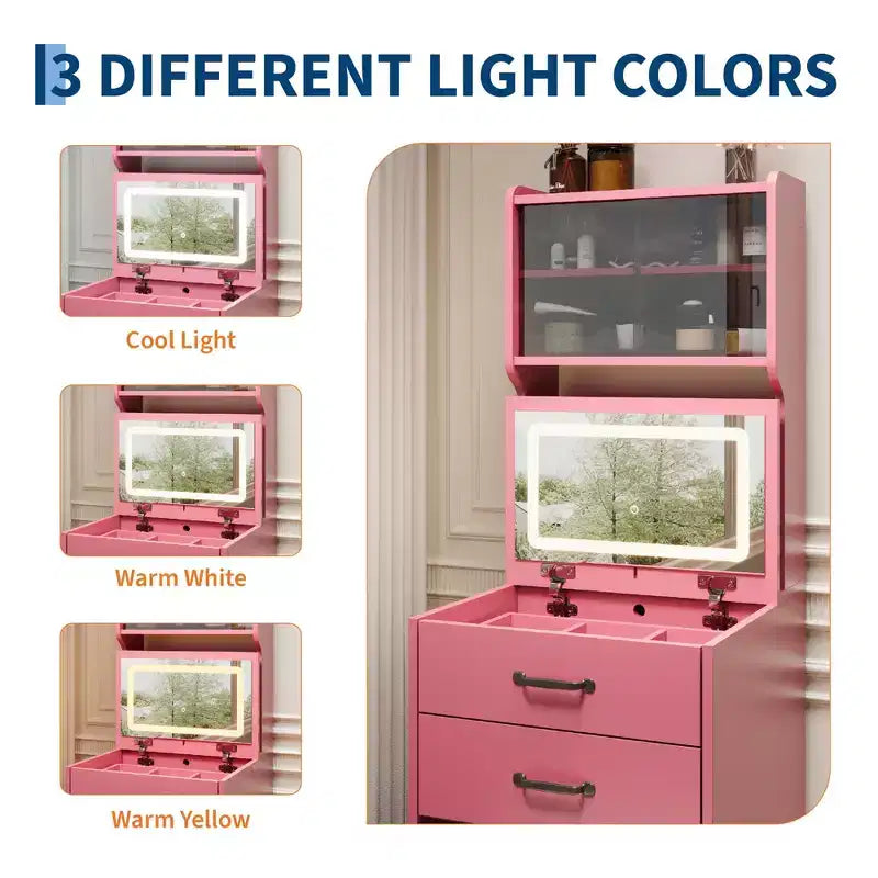 3-in-1 Vanity Desk, Compact Makeup Vanity Set , Dressing Table, Nightstand Vanity Mirror, Jewelry Box, Cushioned Hidden Chair