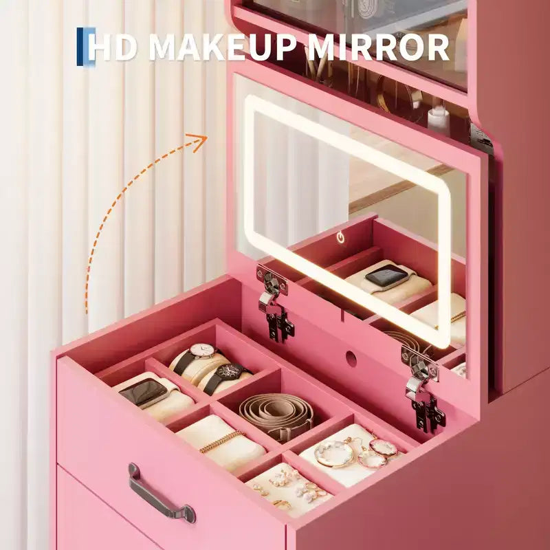 3-in-1 Vanity Desk, Compact Makeup Vanity Set , Dressing Table, Nightstand Vanity Mirror, Jewelry Box, Cushioned Hidden Chair