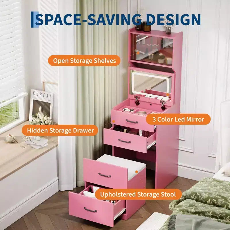 3-in-1 Vanity Desk, Compact Makeup Vanity Set , Dressing Table, Nightstand Vanity Mirror, Jewelry Box, Cushioned Hidden Chair