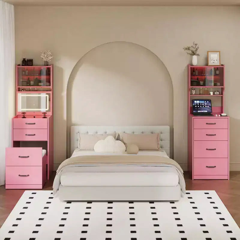 3-in-1 Vanity Desk, Compact Makeup Vanity Set , Dressing Table, Nightstand Vanity Mirror, Jewelry Box, Cushioned Hidden Chair