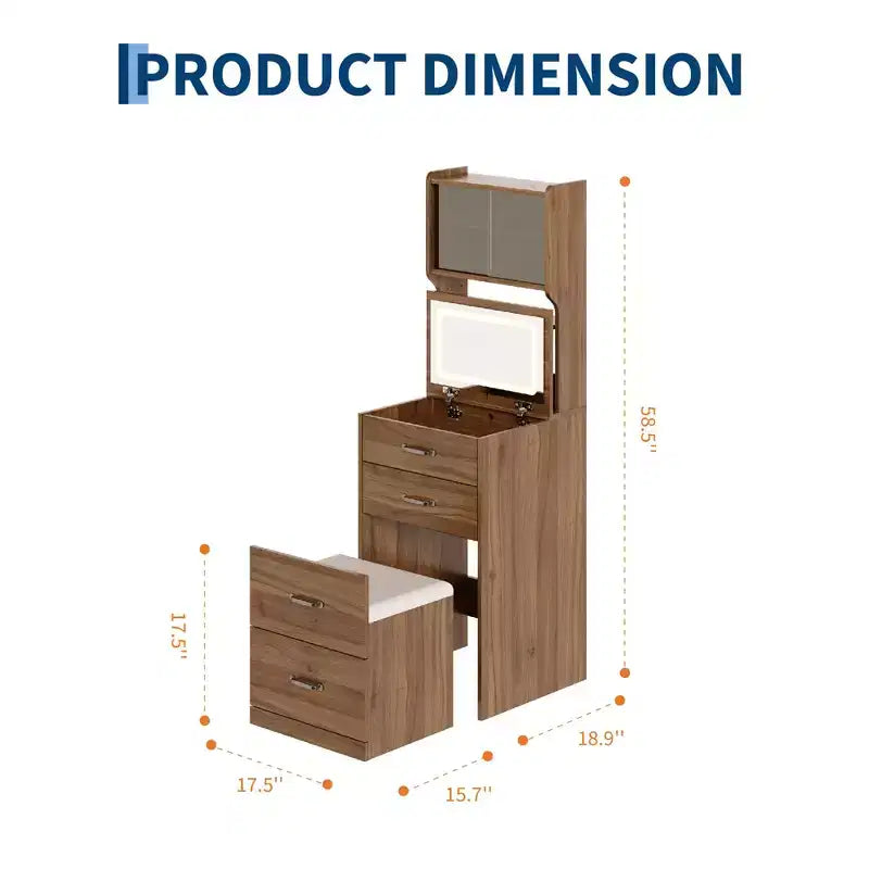 3-in-1 Vanity Desk, Compact Makeup Vanity Set , Dressing Table, Nightstand Vanity Mirror, Jewelry Box, Cushioned Hidden Chair
