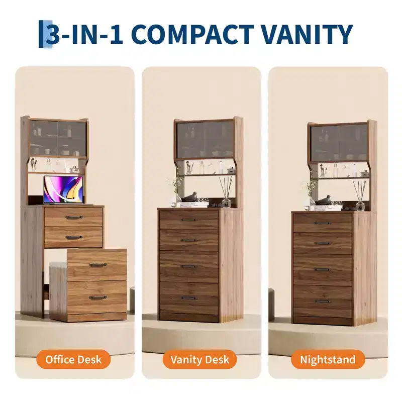 3-in-1 Vanity Desk, Compact Makeup Vanity Set , Dressing Table, Nightstand Vanity Mirror, Jewelry Box, Cushioned Hidden Chair