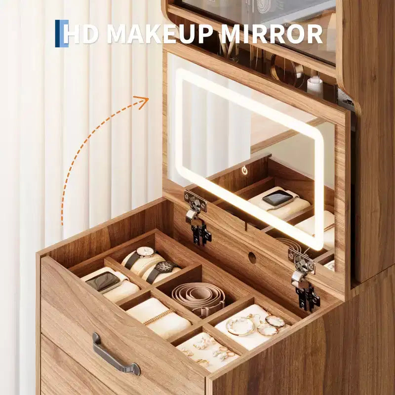 3-in-1 Vanity Desk, Compact Makeup Vanity Set , Dressing Table, Nightstand Vanity Mirror, Jewelry Box, Cushioned Hidden Chair