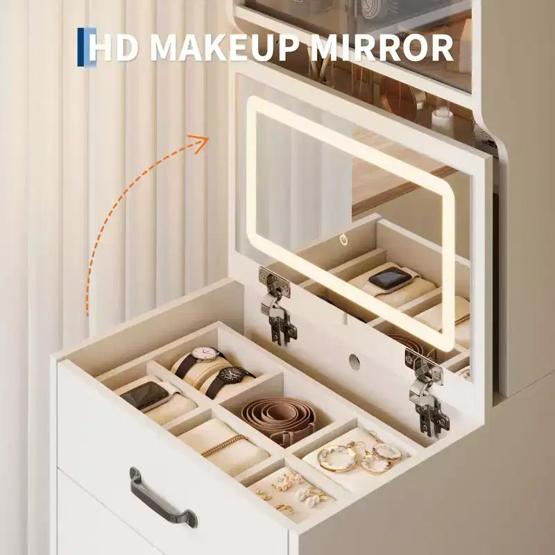 3-in-1 Vanity Desk, Compact Makeup Vanity Set , Dressing Table, Nightstand Vanity Mirror, Jewelry Box, Cushioned Hidden Chair