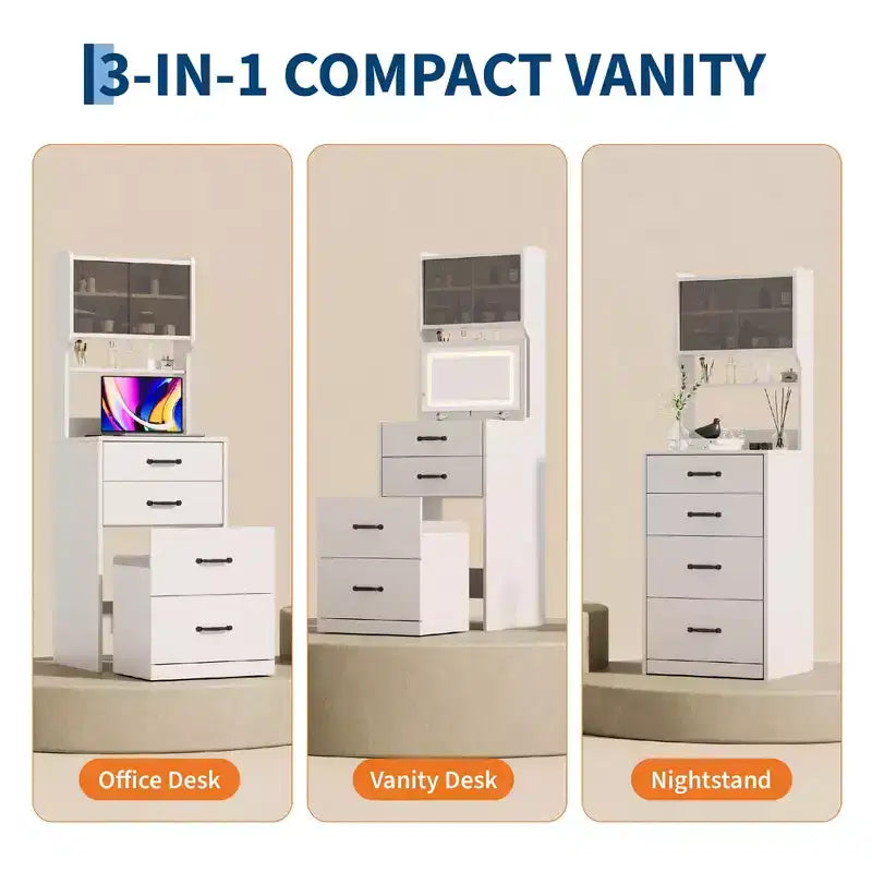 3-in-1 Vanity Desk, Compact Makeup Vanity Set , Dressing Table, Nightstand Vanity Mirror, Jewelry Box, Cushioned Hidden Chair