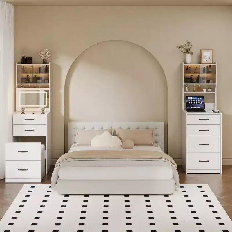 3-in-1 Vanity Desk, Compact Makeup Vanity Set , Dressing Table, Nightstand Vanity Mirror, Jewelry Box, Cushioned Hidden Chair