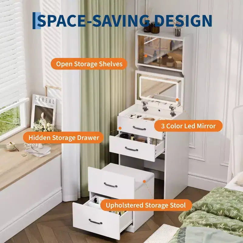 3-in-1 Vanity Desk, Compact Makeup Vanity Set , Dressing Table, Nightstand Vanity Mirror, Jewelry Box, Cushioned Hidden Chair