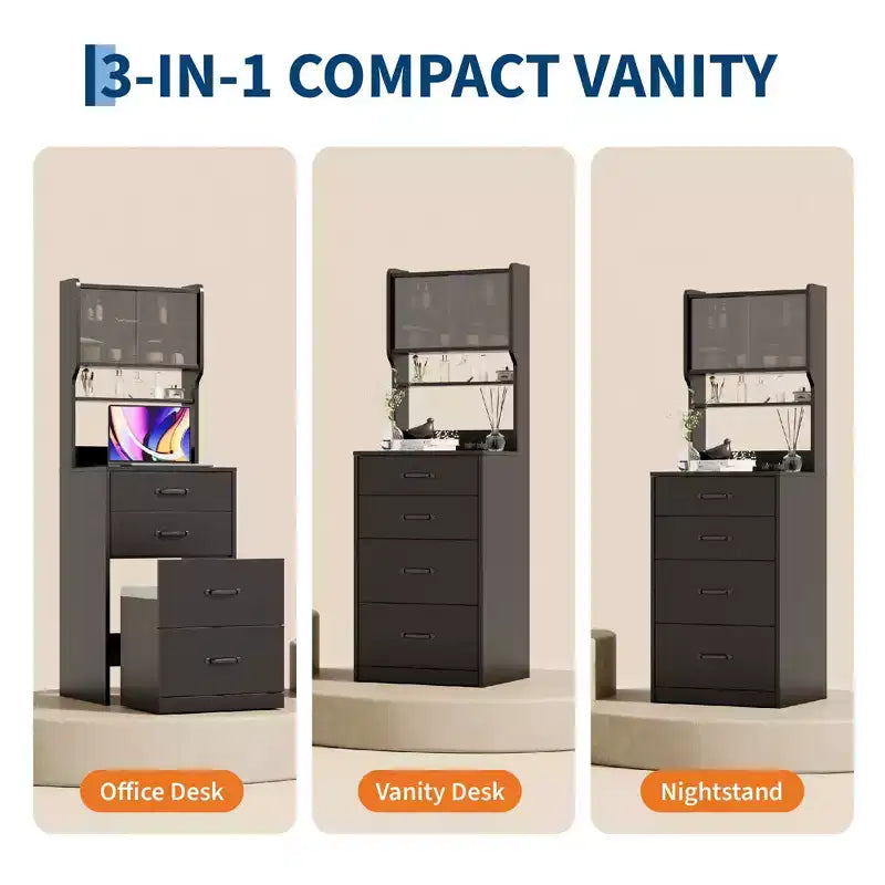 3-in-1 Vanity Desk, Compact Makeup Vanity Set , Dressing Table, Nightstand Vanity Mirror, Jewelry Box, Cushioned Hidden Chair