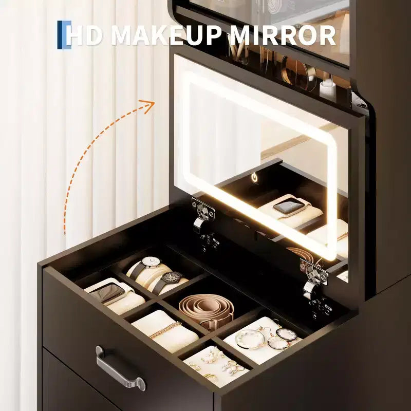 3-in-1 Vanity Desk, Compact Makeup Vanity Set , Dressing Table, Nightstand Vanity Mirror, Jewelry Box, Cushioned Hidden Chair