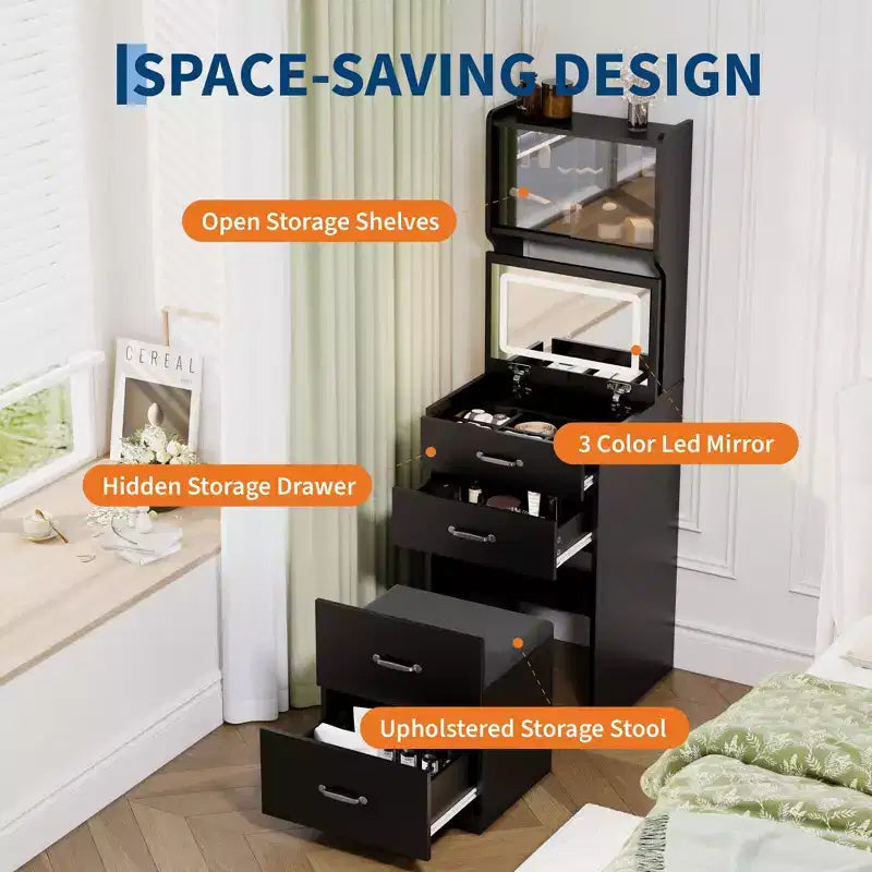 3-in-1 Vanity Desk, Compact Makeup Vanity Set , Dressing Table, Nightstand Vanity Mirror, Jewelry Box, Cushioned Hidden Chair