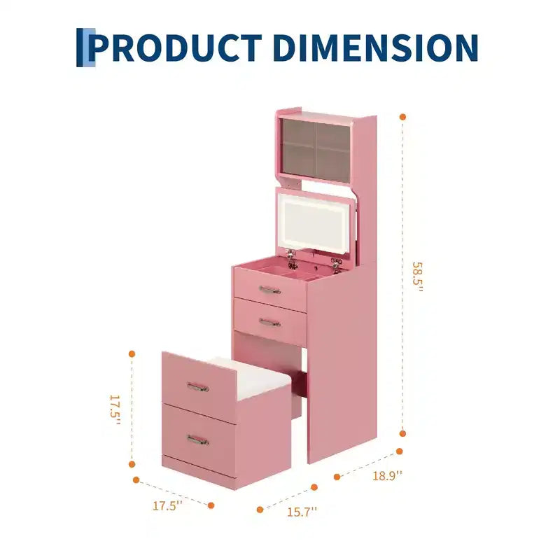 3-in-1 Vanity Desk, Compact Makeup Vanity Set , Dressing Table, Nightstand Vanity Mirror, Jewelry Box, Cushioned Hidden Chair