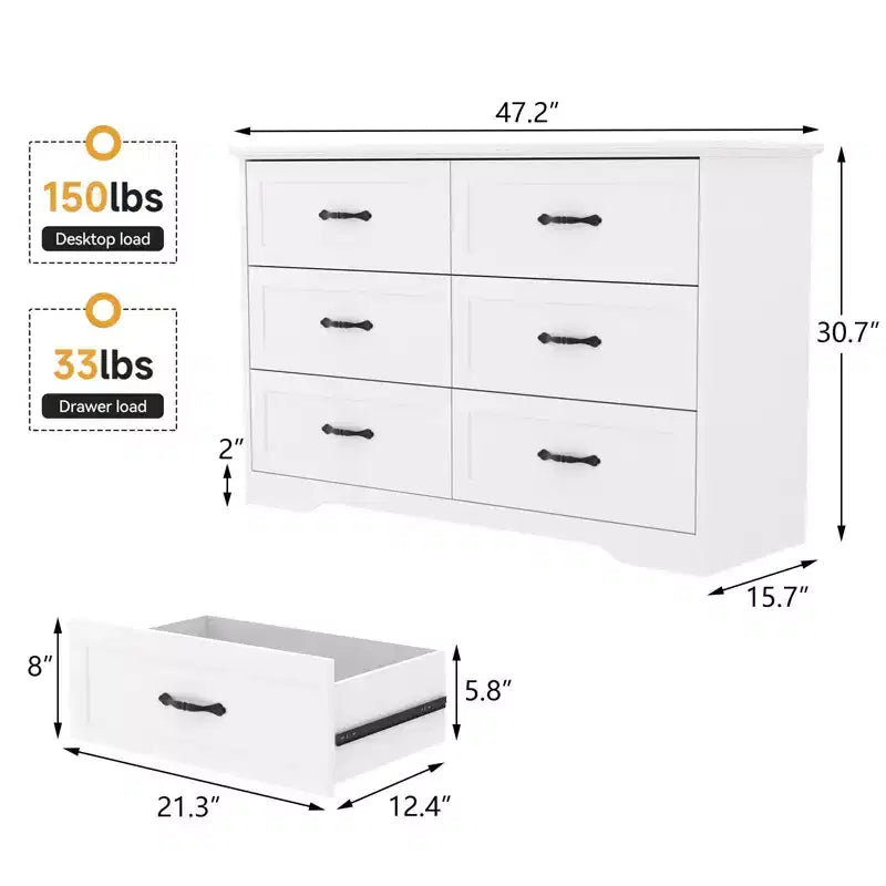 6-Drawer Wooden Dresser with Metal Handles, Farmhouse Modern Storage Chest of Drawers Organizer for Bedroom & Living Room