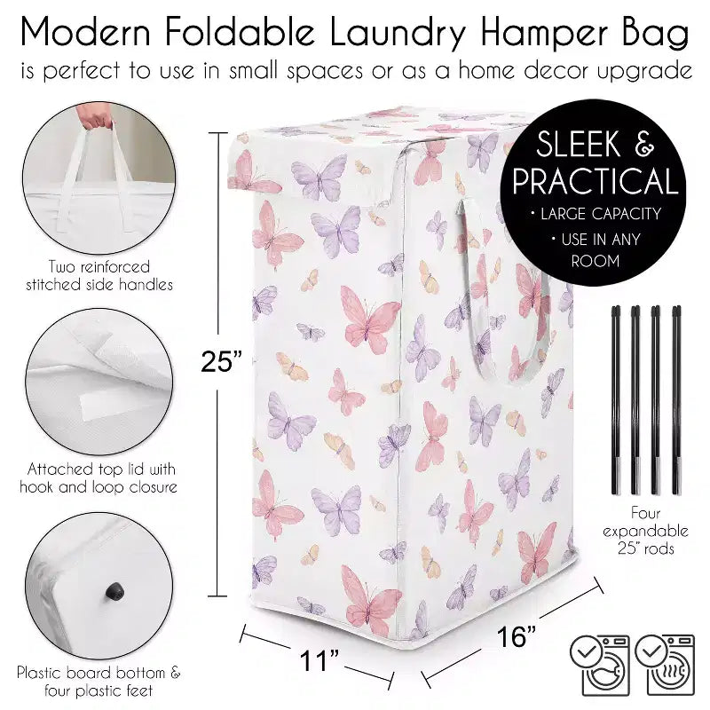 Sweet Jojo Designs Girl Foldable Laundry Hamper with Handles Butterfly Pink and Purple