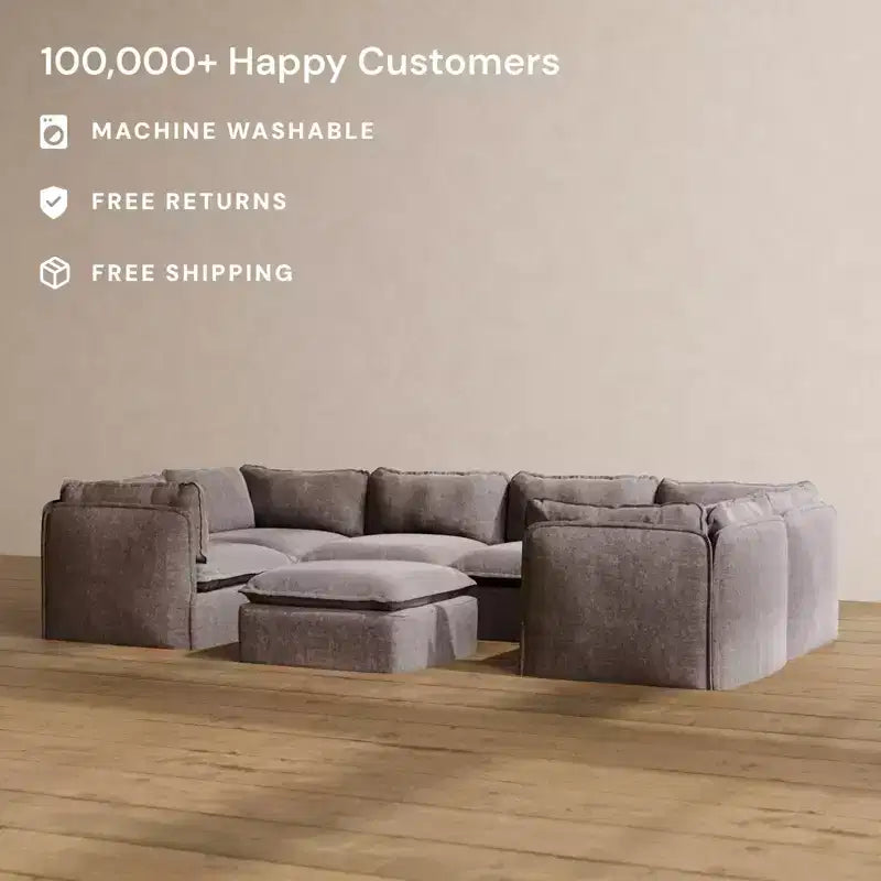 Anabei Modular Washable 6-Seater U-Sectional Sofa + Ottoman | Memorix+ Seat & Contour Pillow