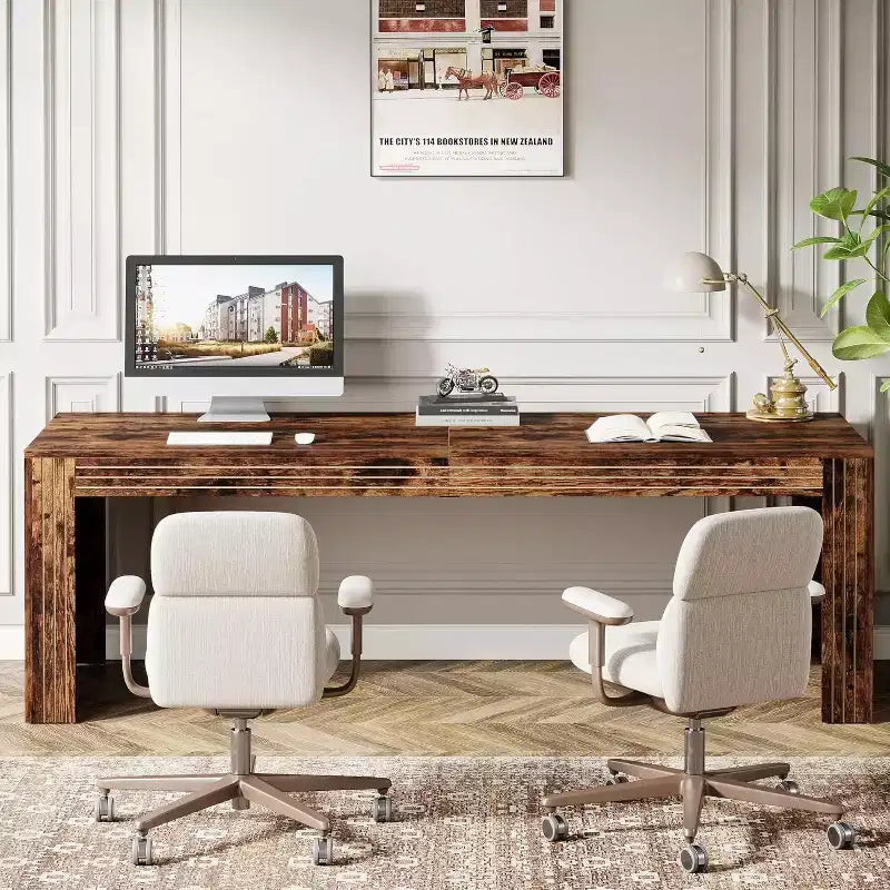 Lantine 79-Inch Extra Long Desk, Two Person Double Desk for Home Office, Wooden Long Computer Desk Writing Table for Office, Vintage Brown