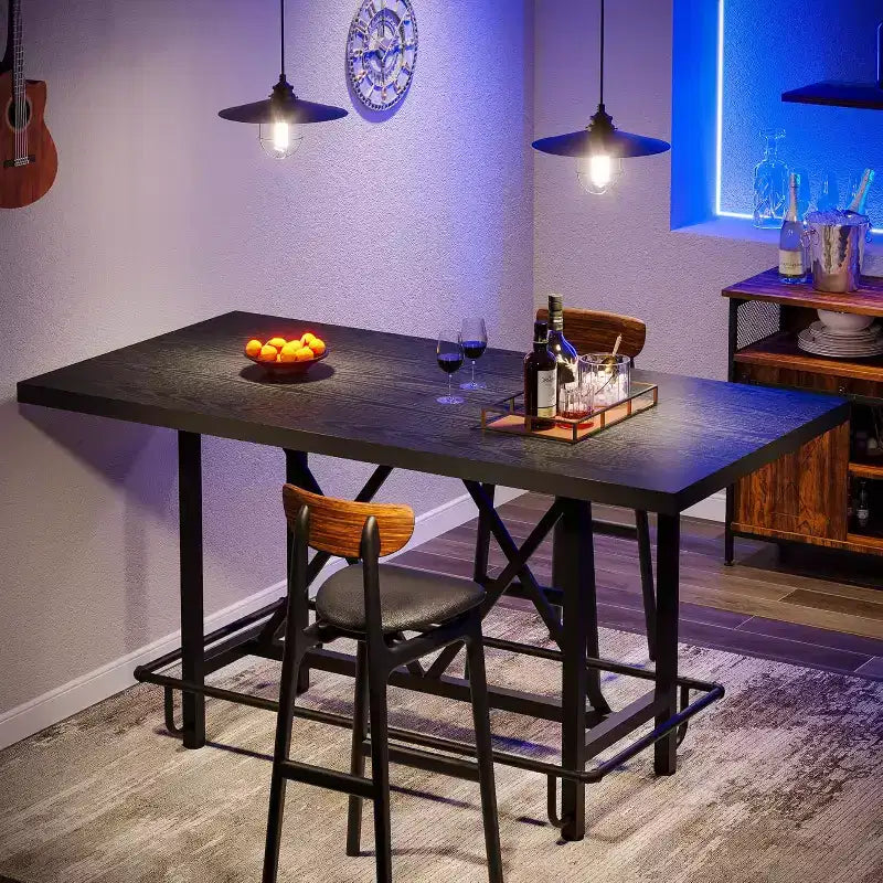 Lantine 63-Inch Bar Table, Industrial Counter Height Pub Table with Metal Footrest for Dining Room, Home Bar, Black