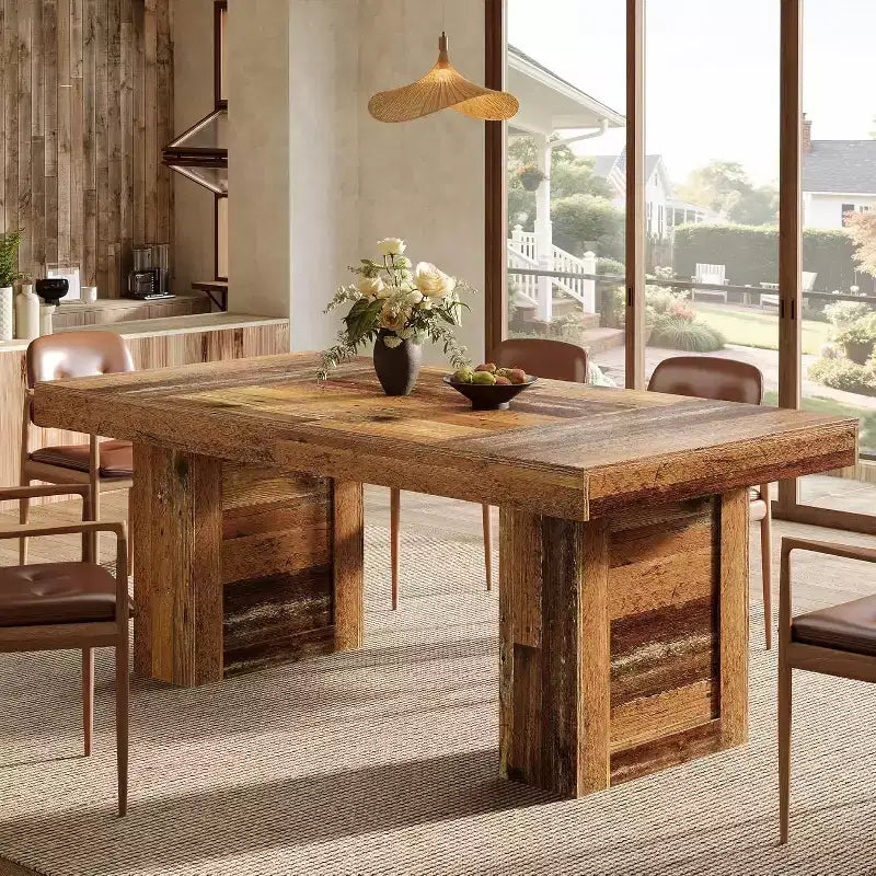 Lantine 63-Inch Farmhouse Dining Table for 6, Rectangle Wooden Kitchen Table with Heavy-Duty Legs for Family Meals, Dining Room, Rustic Brown