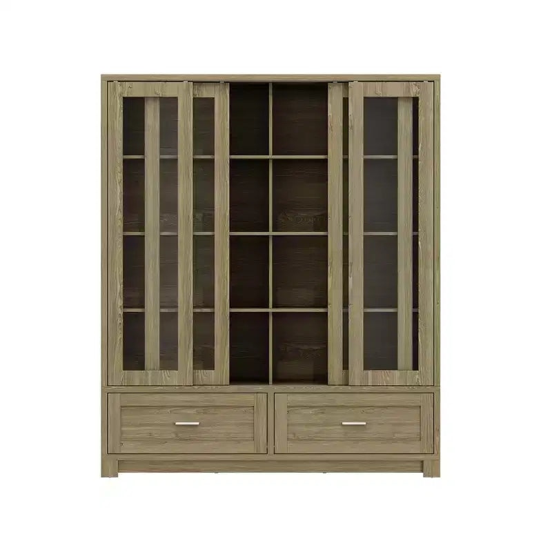 Hitow 63W Rustic Oak Kitchen Pantry Cabinet with Sliding Glass Doors & 2 Large Drawers  Tall Storage Hutch for Dining Room