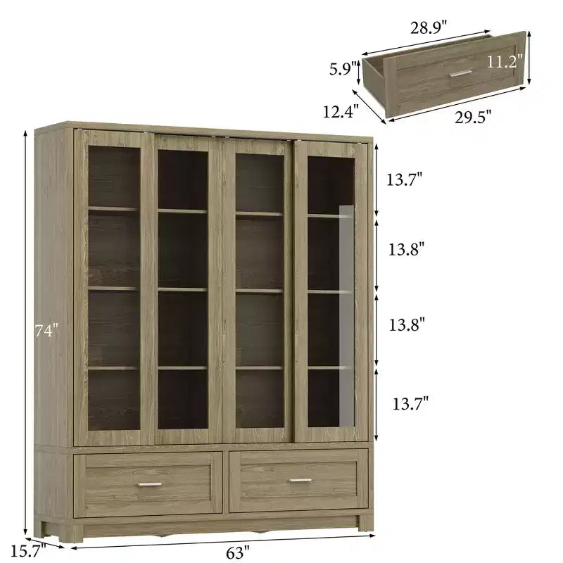 Hitow 63W Rustic Oak Kitchen Pantry Cabinet with Sliding Glass Doors & 2 Large Drawers  Tall Storage Hutch for Dining Room