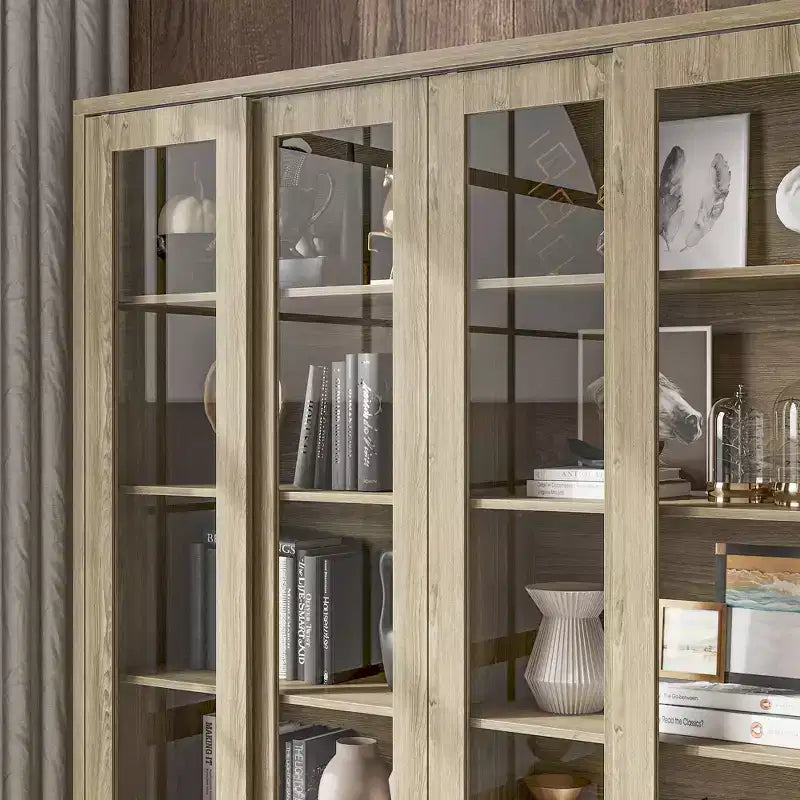 Hitow 63W Rustic Oak Kitchen Pantry Cabinet with Sliding Glass Doors & 2 Large Drawers  Tall Storage Hutch for Dining Room