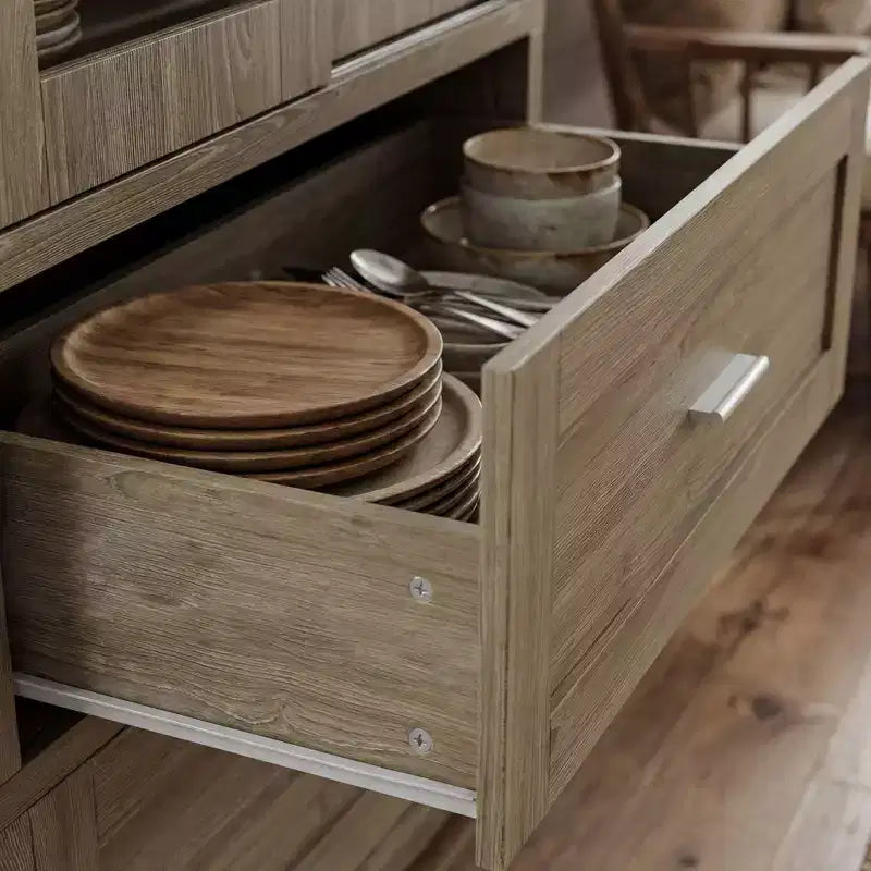 Hitow 63W Rustic Oak Kitchen Pantry Cabinet with Sliding Glass Doors & 2 Large Drawers  Tall Storage Hutch for Dining Room