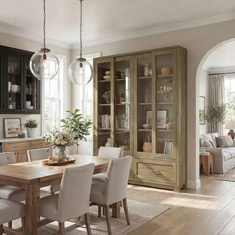 Hitow 63W Rustic Oak Kitchen Pantry Cabinet with Sliding Glass Doors & 2 Large Drawers  Tall Storage Hutch for Dining Room