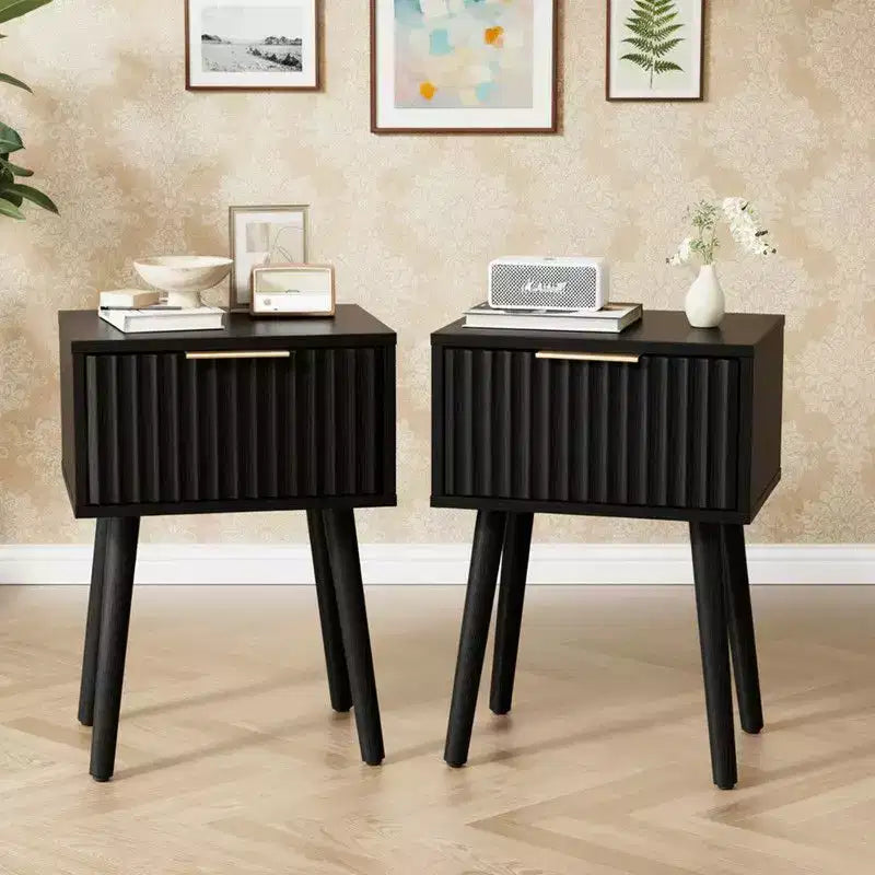 Karl Home 15.7In. Black Relief Nightstand, Particleboard &amp; MDF, Melamine &amp; Vacuum Forming, 1 Drawer, High Leg (2 Pcs)