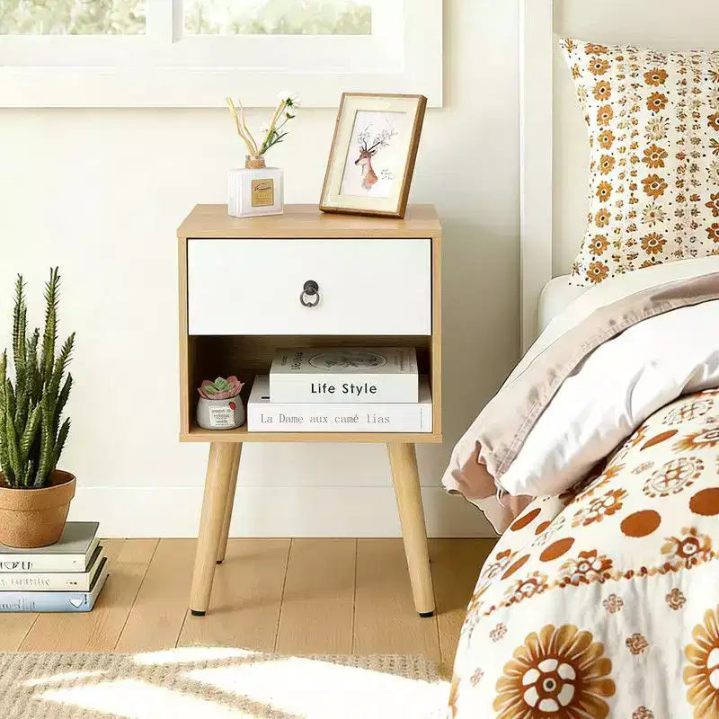 Karl Home 15.0In. White &amp; Oak Nightstand, P2 Particleboard &amp; Solid Legs, Matte Melamine, Ring Handle, 1 Drawer