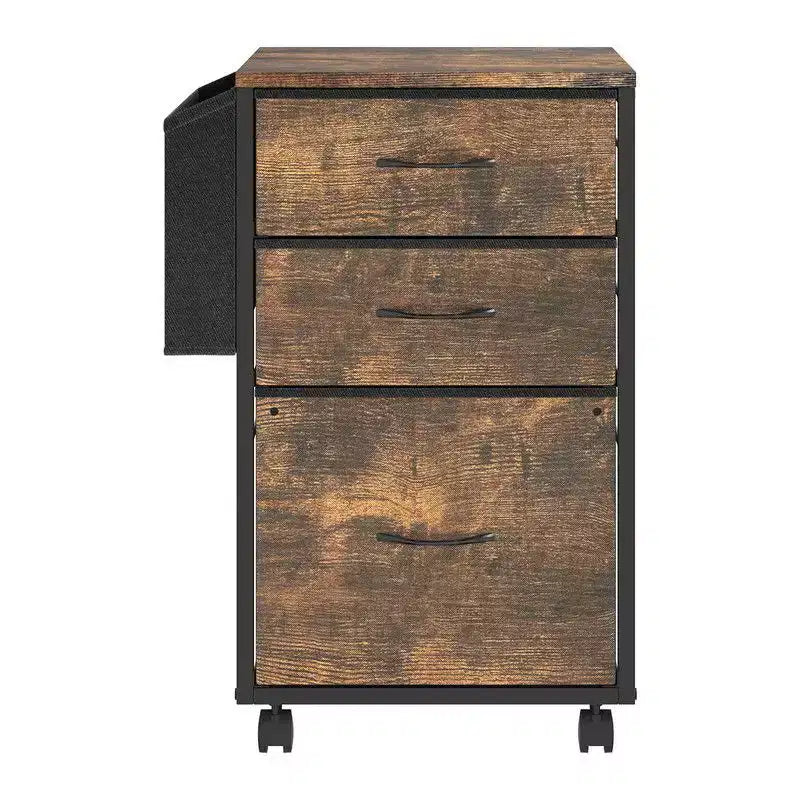 Classeur en bois avec encadrement métallique en relief, 3 tiroirs et roulettes