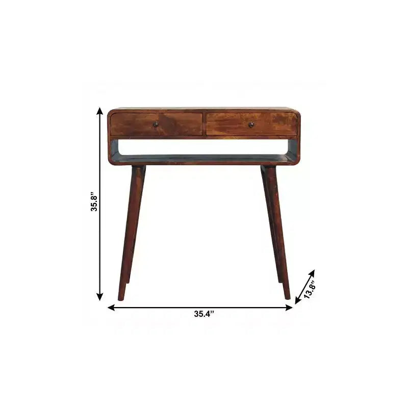 Console en bois massif de couleur châtaigne avec étagère et deux tiroirs
