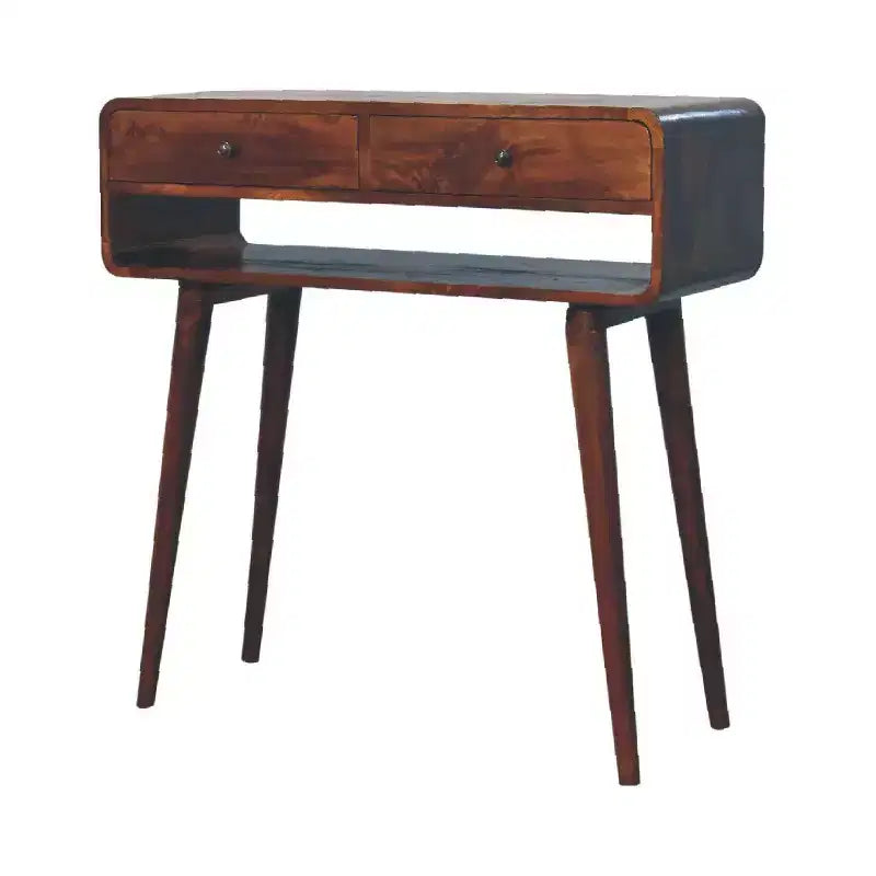 Console en bois massif de couleur châtaigne avec étagère et deux tiroirs
