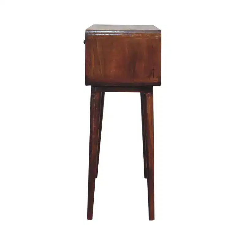 Console en bois massif de couleur châtaigne avec étagère et deux tiroirs