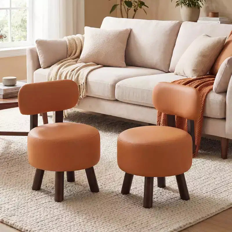Costway Small Footrest Stools Set of 2 with Backrest &amp; Rubber Wood Legs for Bedroom White/Black/Walnut/Orange