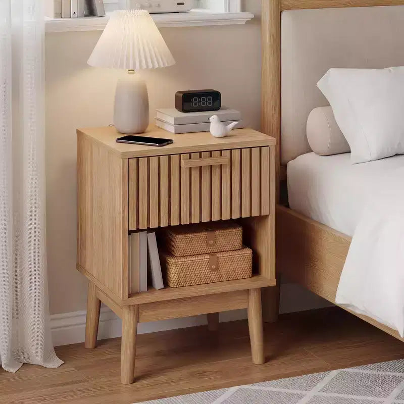 Tables de chevet bohèmes avec tiroir rayé et étagère ouverte, Table d'appoint compacte en bois