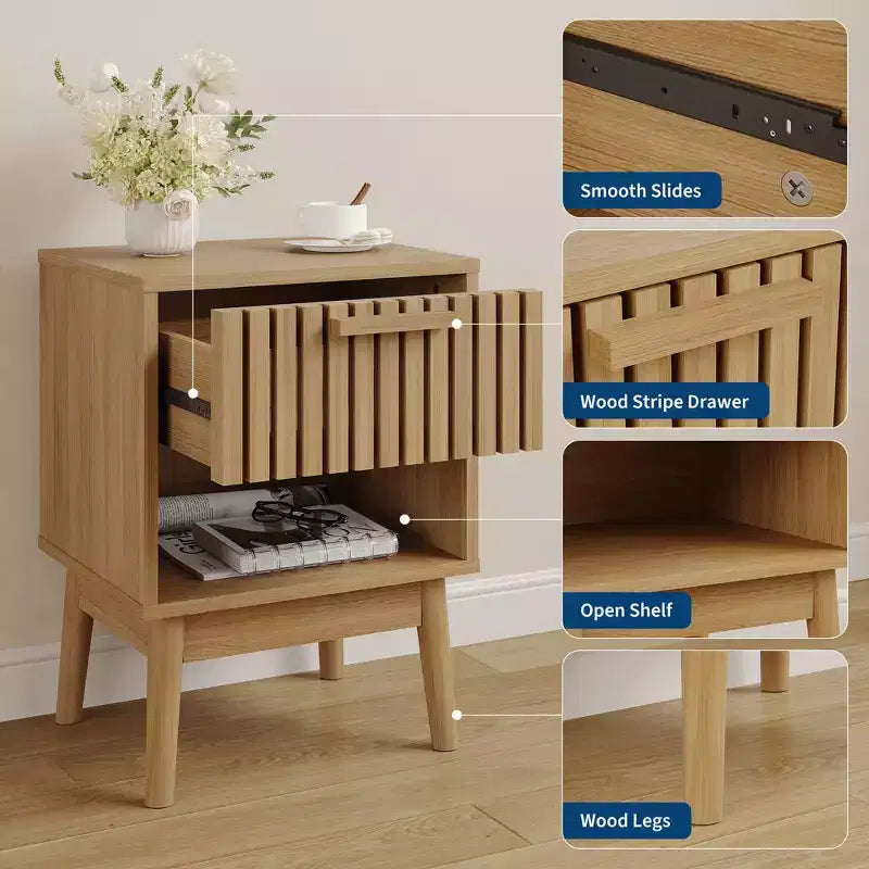 Tables de chevet bohèmes avec tiroir rayé et étagère ouverte, Table d'appoint compacte en bois