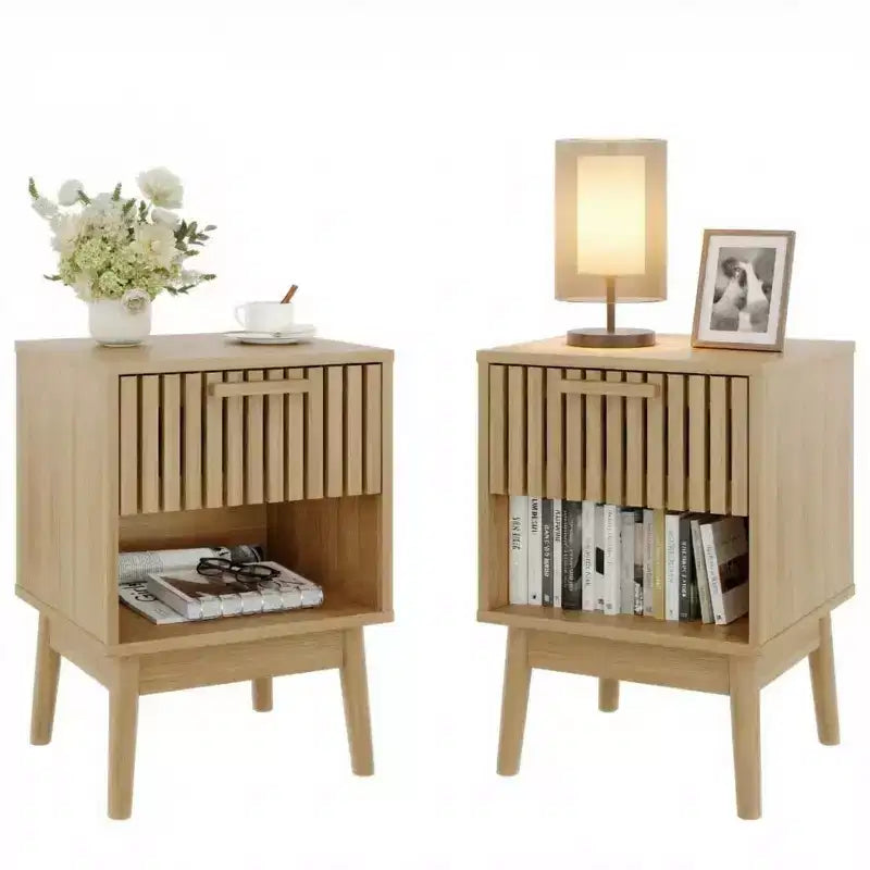 Tables de chevet bohèmes avec tiroir rayé et étagère ouverte, Table d'appoint compacte en bois