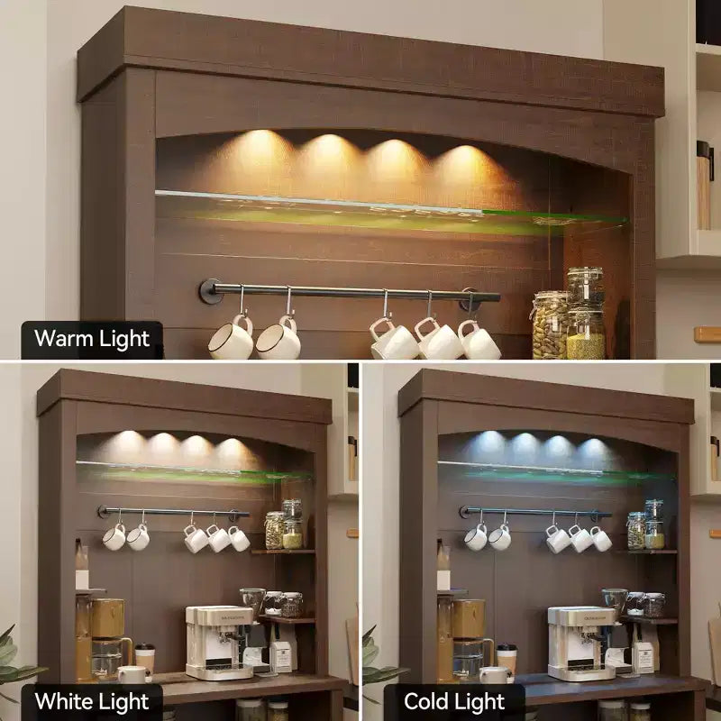 Meuble bar à café de style ferme avec lumières réglables et casier à vin