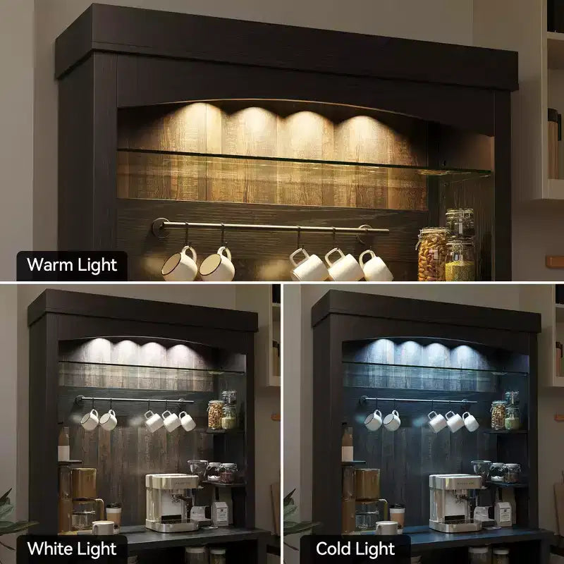 Meuble bar à café de style ferme avec lumières réglables et casier à vin