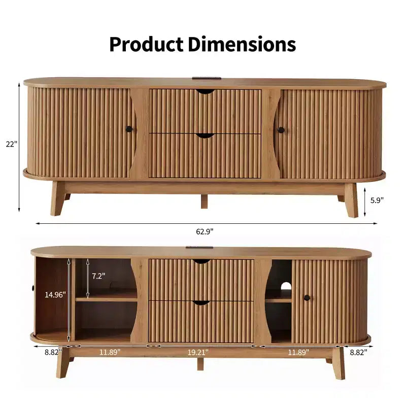 Meuble TV avec prises électriques, 2 tiroirs et 2 portes grillagées