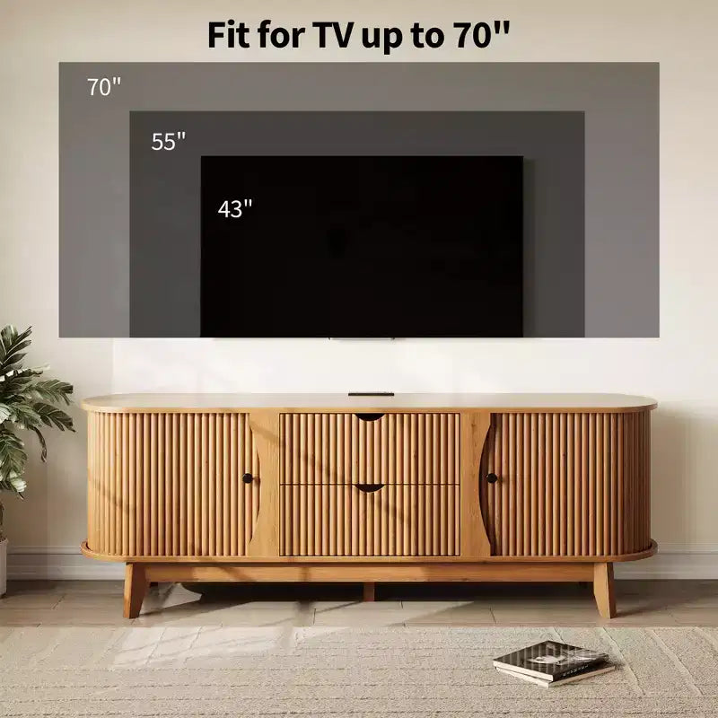 Meuble TV avec prises électriques, 2 tiroirs et 2 portes grillagées