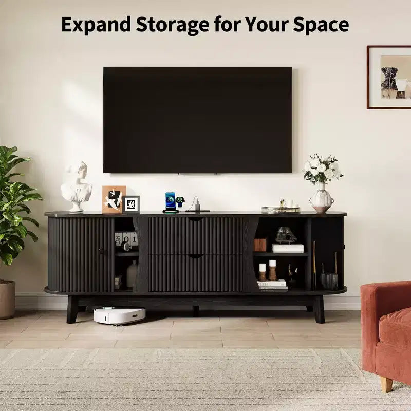 Meuble TV avec prises électriques, 2 tiroirs et 2 portes grillagées
