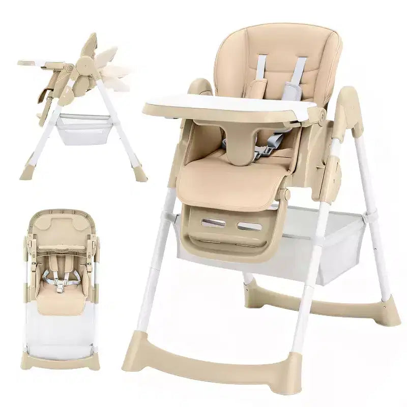 Kids Dining Chair, Foldable High Chair for Toddlers, PU Leather Highchair with Removable Tray, 5-Point Safety Harness &amp; Locking Wheels