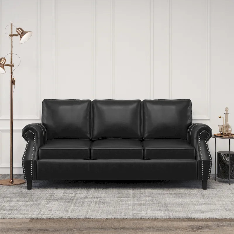 80" Modern Faux Leather 3-Seater Sofa with Birch Legs and Nailheads