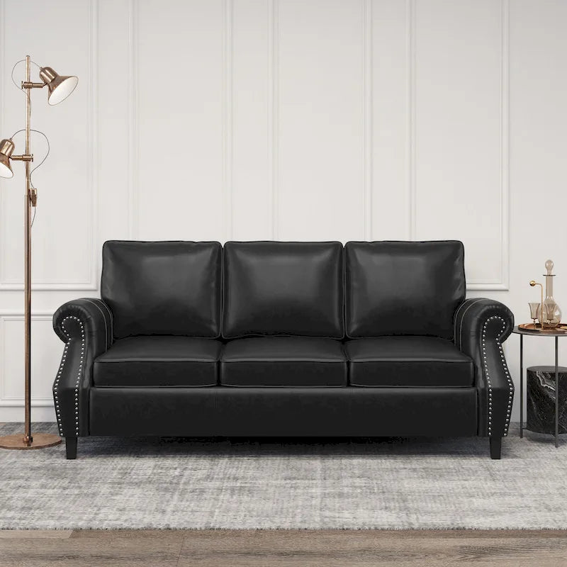 80 Modern Faux Leather 3-Seater Sofa with Birch Legs and Nailheads