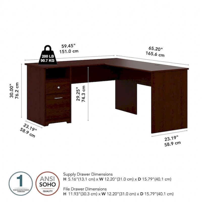 Cabot 60W L-Desk with Hutch and Drawers by Bush Furniture