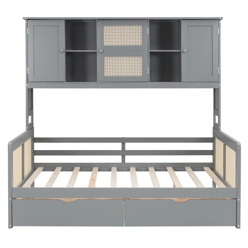 Modern Full Size Wood Daybed Storage Platform Bed Frame with All-in-One Cabinet, 2 Drawers and Shelf